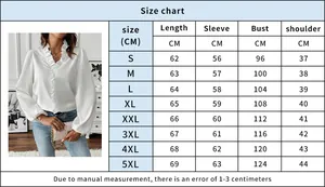 Size chart for women's ruffle long sleeve blouse from S to 5XL with specific CM measurements