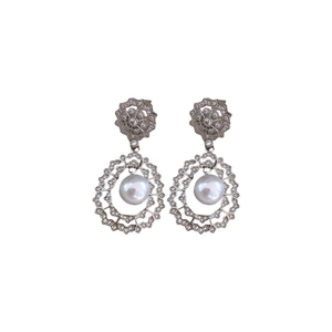 Vintage silver flower earrings with white pearls and hollow-out design for women