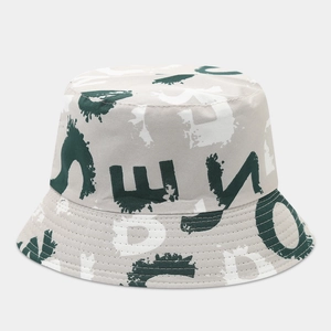 Detail of the graffiti print bucket hat with street art letters and reinforced stitching