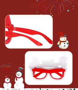 Détail de la monture de lunettes de Noël rouge montrant la charnière et le design festif