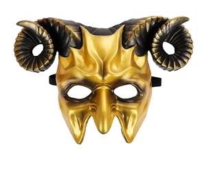 Detail of 3D devil horn mask with black and gold metallic texture for cosplay