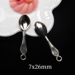 Miniature silver alloy spoon charms for dollhouse decor and DIY jewelry making 7x26mm