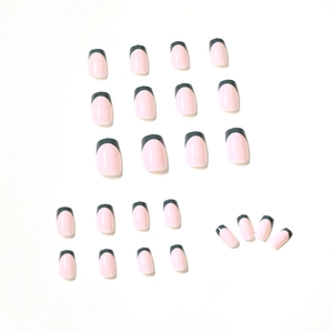 Olive green French press-on nails with pale pink base in a complete 24-piece manicure set