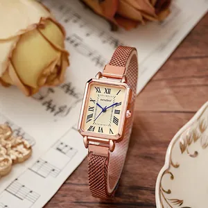 Elegant Women Quartz Watch Square Rose Gold Alloy Case Mesh Milanese Strap Retro Simple Fashion Lady Wristwatch