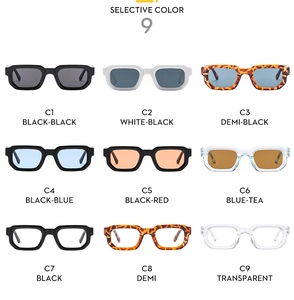 Detailed grid showing square sunglasses in nine diverse color options for men and women