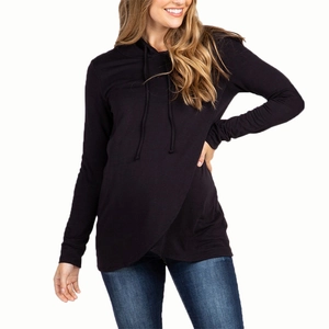 Slim fit black maternity hoodie with ruffle detail and nursing crossover front design