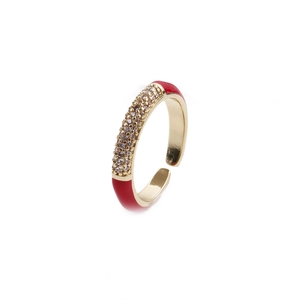 Adjustable gold plated copper ring with red enamel and micro-set cubic zirconia stones