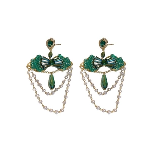 Elegant green crystal bow earrings with tiered pearl fringe and teardrop pendants