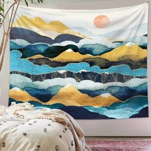 Detail of abstract mountain landscape wall tapestry in modern Nordic blue and gold tones