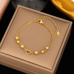 Golden stainless steel double-layer heart bracelet with frosted and smooth beads