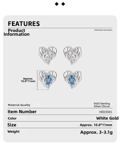 Macro detail of S925 sterling silver heart earrings with sparkling cubic zirconia settings