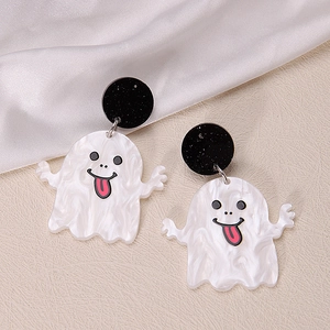 Macro detail of cartoon ghost earrings with white marble texture and red tongue detail