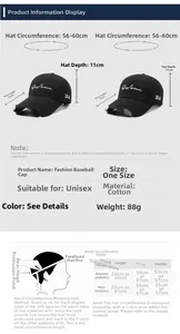 Size chart for baseball caps with 9.5cm and 7.5cm brims and head measurement guide