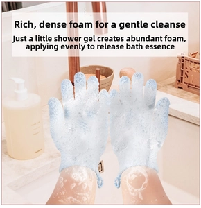 Close-up of textured blue shower gloves creating thick white foam for gentle exfoliation
