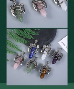 Detailed view of silver dragon-wrapped hexagonal crystal pendants in various gemstones