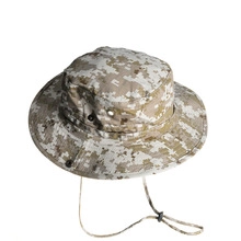 Detailed close-up of digital desert camo boonie hat with adjustable chin strap