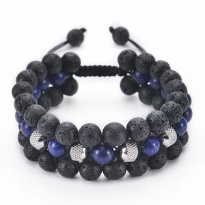 Multi Layer Natural Stone Bracelet Lava Rock Lapis Lazuli Tiger Eye Stainless Steel Beads Braided Adjustable Rope Unisex