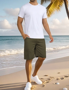 Army green summer loose sports shorts for men shown in a casual lifestyle outdoor setting