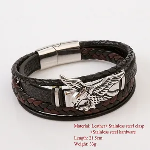Men's multi-layer leather eagle bracelet with stainless steel magnetic clasp