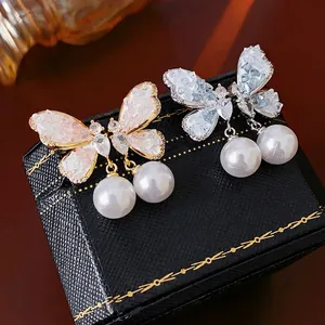 Butterfly Drop Earrings With Artificial Crystal Zircon And Imitation Artificial Pearl Inlay Silver Earring Post For Women Elegance