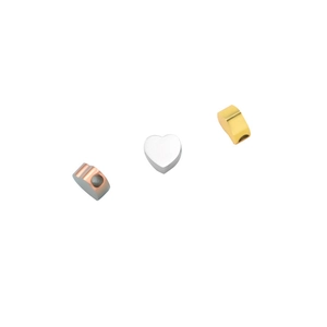 Mirror polished heart-shaped stainless steel beads in gold, silver, and rose gold finishes