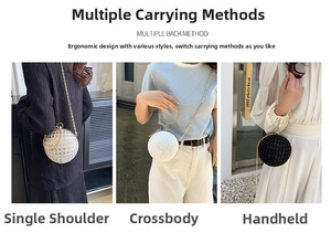 Spherical evening bag with pearls showing crossbody, shoulder and hand-carry styles