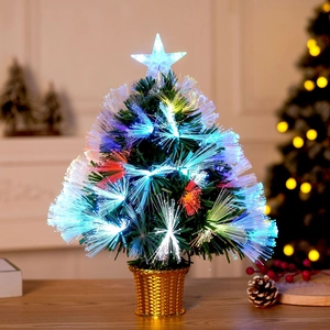 Mini fiber optic Christmas tree with colorful lights and a golden basket base