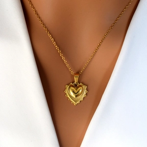 Vintage Stainless Steel 3D Heart Pendant Necklace For Women Radiating Sunburst Angular Heart Gold Plated Fashion Jewelry