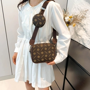 Minimalist dark brown printed crossbody camera bag with round coin purse and chic patterns