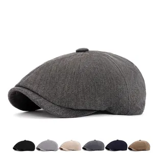 Herringbone newsboy cap for men in retro dark grey tweed with six color options