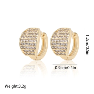Macro detail of gold plated hoop earrings with pave set zircon stones and size specs