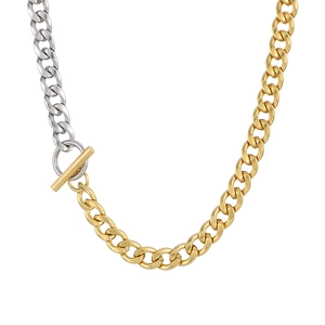 Hip hop two-tone silver and gold stainless steel Cuban link necklace with OT clasp buckle