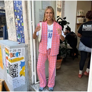 Gingham Quilted Vest And Straight Leg Pants Women Sleeveless Plaid Pink Orange Fashion Casual Outfits