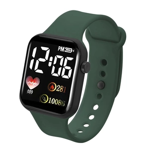 Detail view of green silicone strap smart watch with heart rate and calorie step counter