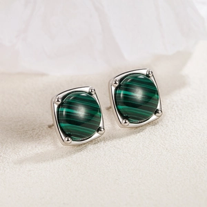 S925 Sterling Silver square stud earrings with round green malachite stone inlay