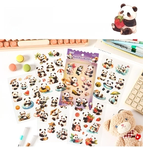 Detailed view of 6 cute watercolor panda stickers for DIY journal and phone case decor