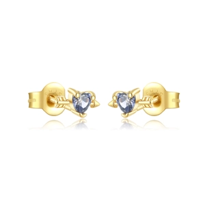 Elegant 925 sterling silver heart studs with purple gems and gold-plated arrow design