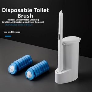 Close-up of disposable toilet brush set including a long handle, base, and blue sponge heads