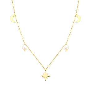 Star Moon Artificial Pearl Necklace 925 Sterling Silver Dainty Octagram Pendant Elegant Minimalist Jewelry For Women