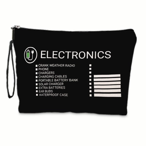 Close-up of black linen pouch with electronics checklist print and a wrist strap