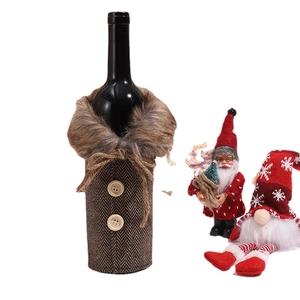 Brown herringbone Christmas wine bottle cover with faux fur collar and gnome decor