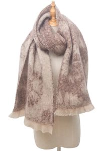 Detail of soft brown and beige gradient floral pashmina scarf with short fringes