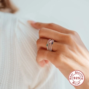 S925 sterling silver stackable rings set with multi-color rectangular zircon stones
