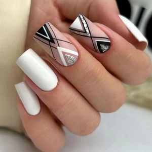 Matte European Square Medium Length Press On Nails Geometric Stripes Glitter Artificial False Nails For Women Daily DIY Manicure