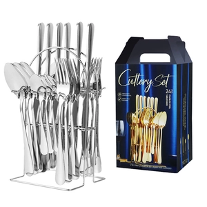 24-piece mirror polished stainless steel cutlery set with storage rack and blue box