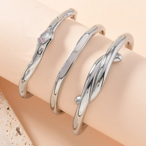 Stainless Steel Open Cuff Bangle Irregular Liquid Metal Texture Knot Design Bracelet With Cubic Zirconia For Women