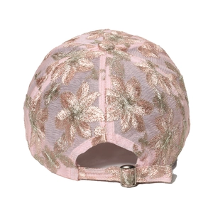 Pink floral lace embroidery baseball cap with adjustable metal buckle on white background
