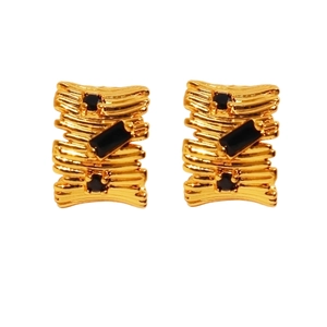 Golden irregular rectangular earrings with black zircons and horizontal stripe texture