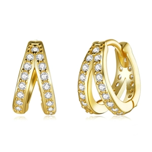Double Row Pave Zircon Hoop Earrings Copper Gold Plated Huggie Geometric Elegant Professional Jewelry For Women