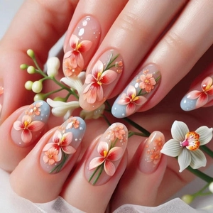 Faux Ongles Press On Forme Amande Longue Plastique ABS Motif Fleur De Lys Dégradé Bleu Rose Style Frais Pour Femmes